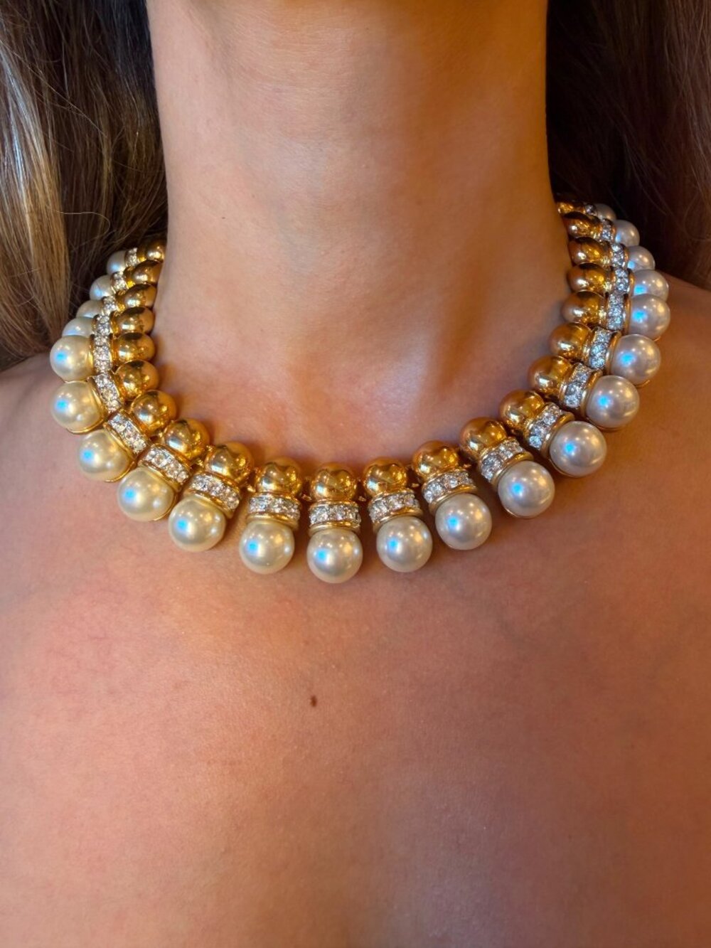 Vintage IVANA Trump Faux Pearl Crystal Collar Necklace and Clip Earrings Set